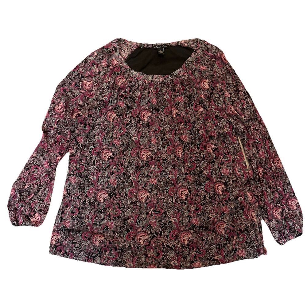 A Love Story Knit Top Women 2X Pullover Sheer Long Sleeve Purple Floral Print